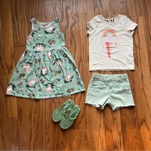 Girls size 6 Summer Dress, T Shirt, Shorts, Jelly Sandals Style Bundle